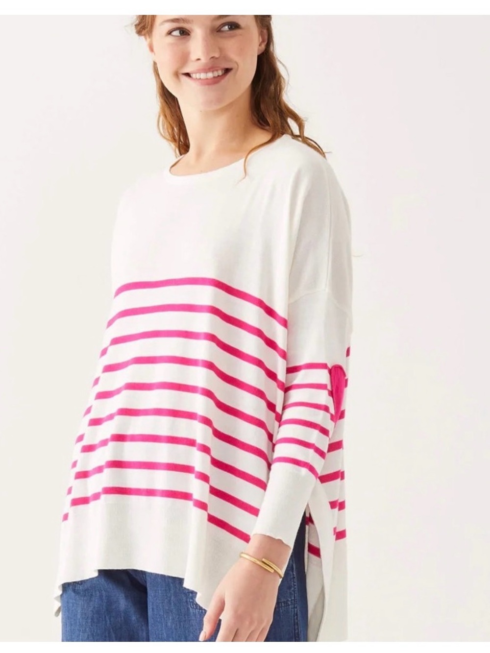 MERSEA Amour Sweater with Heart Patch - White / Raspberry Stripe - One Size
